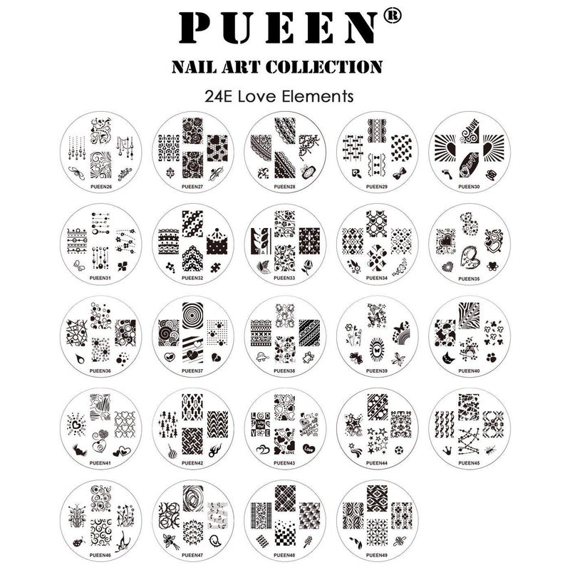 PUEEN Nail Art Stamp Collection Set 24E - LOVE ELEMENTS - NEW Unique Set of 24 Nailart Polish Stamping Manicure Image Plates Accessories Kit (Totaling 144 Images) with BONUS Storage Case-BH000018 - Image 2